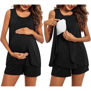 Ekouaer Women Maternity Nursing Pajama Set Breastfeeding Sleepwear Double Layer Sleeveless Top & Shorts Pregnancy PJS(A01-black)