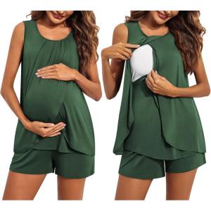 Ekouaer Women Maternity Nursing Pajama Set Breastfeeding Sleepwear Double Layer Sleeveless Top & Shorts Pregnancy PJS(A02-green)