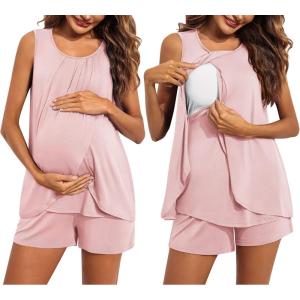 Ekouaer Women Maternity Nursing Pajama Set Breastfeeding Sleepwear Double Layer Sleeveless Top & Shorts Pregnancy PJS(A04-pink)