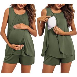 Ekouaer Women Maternity Nursing Pajama Set Breastfeeding Sleepwear Double Layer Sleeveless Top & Shorts Pregnancy PJS(Army Green)