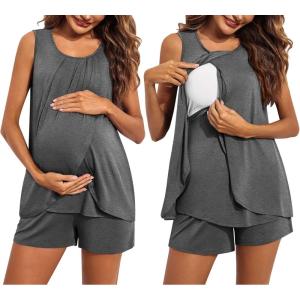 Ekouaer Women Maternity Nursing Pajama Set Breastfeeding Sleepwear Double Layer Sleeveless Top & Shorts Pregnancy PJS(Grey-1)