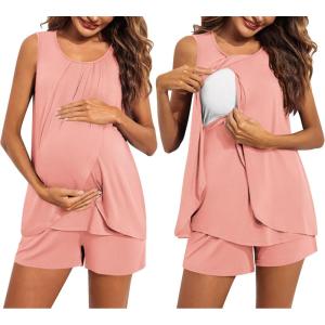 Ekouaer Women Maternity Nursing Pajama Set Breastfeeding Sleepwear Double Layer Sleeveless Top & Shorts Pregnancy PJS(Orange Pink)