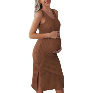Ekouaer Women’s Maternity Dress Rib Knit Sleeveless Tank Side Slit Bodycon Dresses Pregnancy Clothes S-XXL(Brown)