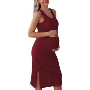 Ekouaer Women’s Maternity Dress Rib Knit Sleeveless Tank Side Slit Bodycon Dresses Pregnancy Clothes S-XXL(Burgundy)