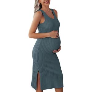 Ekouaer Women’s Maternity Dress Rib Knit Sleeveless Tank Side Slit Bodycon Dresses Pregnancy Clothes S-XXL(Dark Blue)