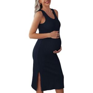 Ekouaer Women’s Maternity Dress Rib Knit Sleeveless Tank Side Slit Bodycon Dresses Pregnancy Clothes S-XXL(Navy)