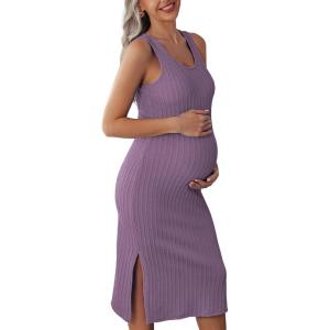 Ekouaer Women’s Maternity Dress Rib Knit Sleeveless Tank Side Slit Bodycon Dresses Pregnancy Clothes S-XXL(Purple)
