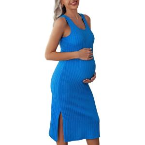 Ekouaer Women’s Maternity Dress Rib Knit Sleeveless Tank Side Slit Bodycon Dresses Pregnancy Clothes S-XXL(Snorkel Blue)