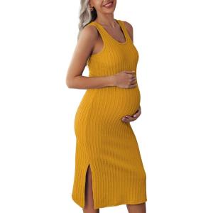 Ekouaer Women’s Maternity Dress Rib Knit Sleeveless Tank Side Slit Bodycon Dresses Pregnancy Clothes S-XXL(Yellow)