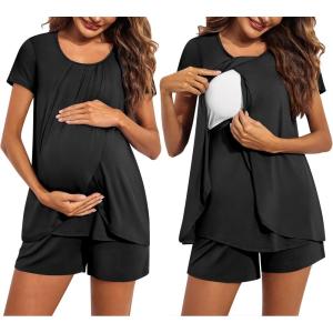 Ekouaer Women’s Maternity Nursing Pajamas Set Breastfeeding Sleepwear Double Layer Short Sleeve Top & Shorts Nursing Pjs(A-black)