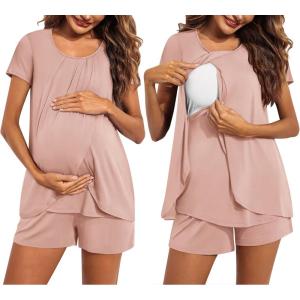 Ekouaer Women’s Maternity Nursing Pajamas Set Breastfeeding Sleepwear Double Layer Short Sleeve Top & Shorts Nursing Pjs(A-pink)