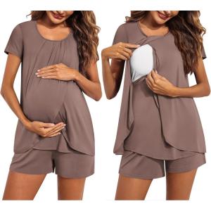 Ekouaer Women’s Maternity Nursing Pajamas Set Breastfeeding Sleepwear Double Layer Short Sleeve Top & Shorts Nursing Pjs(Brown)