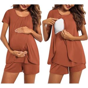 Ekouaer Women’s Maternity Nursing Pajamas Set Breastfeeding Sleepwear Double Layer Short Sleeve Top & Shorts Nursing Pjs(Caramel)