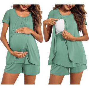 Ekouaer Women’s Maternity Nursing Pajamas Set Breastfeeding Sleepwear Double Layer Short Sleeve Top & Shorts Nursing Pjs(Grey Green)