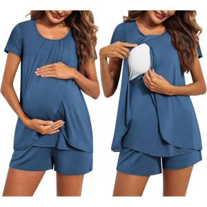 Ekouaer Women’s Maternity Nursing Pajamas Set Breastfeeding Sleepwear Double Layer Short Sleeve Top & Shorts Nursing Pjs(Navy)