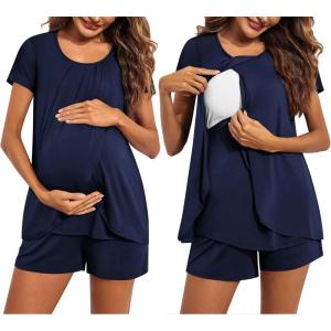 Ekouaer Women’s Maternity Nursing Pajamas Set Breastfeeding Sleepwear Double Layer Short Sleeve Top & Shorts Nursing Pjs(Navy Blue)