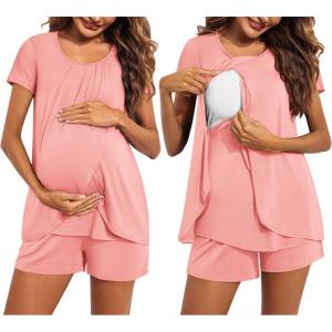 Ekouaer Women’s Maternity Nursing Pajamas Set Breastfeeding Sleepwear Double Layer Short Sleeve Top & Shorts Nursing Pjs(Orange Pink)