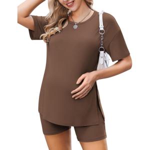 Ekouaer Women’s Maternity Pajamas Sets 2 Piece Outfits Short Sleeve Shirts and Biker Shorts Pregnancy Loungewear Mama Clothes(Brown)