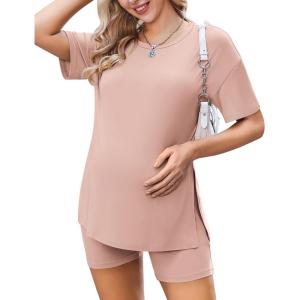 Ekouaer Women’s Maternity Pajamas Sets 2 Piece Outfits Short Sleeve Shirts and Biker Shorts Pregnancy Loungewear Mama Clothes(Dirty Pink)