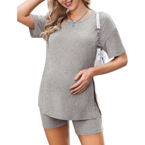 Ekouaer Women’s Maternity Pajamas Sets 2 Piece Outfits Short Sleeve Shirts and Biker Shorts Pregnancy Loungewear Mama Clothes(Light Grey)