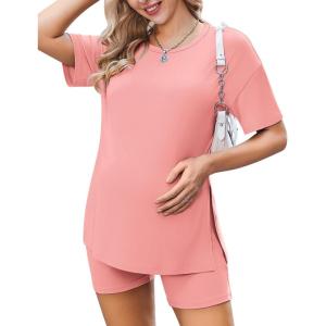 Ekouaer Women’s Maternity Pajamas Sets 2 Piece Outfits Short Sleeve Shirts and Biker Shorts Pregnancy Loungewear Mama Clothes(Orange Pink)