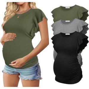 Ekouaer Women’s Maternity Shirts 3 Packs Flying Short Sleeve Pregnancy Tops Side Ruched Tunic Blouse Mama Clothes S-XXL(Army Green / Grey / Black(3pcs))
