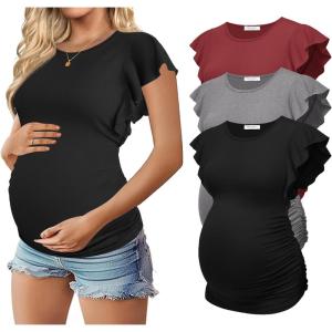 Ekouaer Women’s Maternity Shirts 3 Packs Flying Short Sleeve Pregnancy Tops Side Ruched Tunic Blouse Mama Clothes S-XXL(Black / Grey / Wine Red(3pcs))