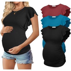 Ekouaer Women’s Maternity Shirts 3 Packs Flying Short Sleeve Pregnancy Tops Side Ruched Tunic Blouse Mama Clothes S-XXL(Black / Lake Blue / Wine Red(3pcs))