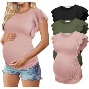 Ekouaer Women’s Maternity Shirts 3 Packs Flying Short Sleeve Pregnancy Tops Side Ruched Tunic Blouse Mama Clothes S-XXL(Black / Pink / Army Green(3pcs))
