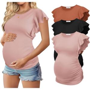 Ekouaer Women’s Maternity Shirts 3 Packs Flying Short Sleeve Pregnancy Tops Side Ruched Tunic Blouse Mama Clothes S-XXL(Caramel / Black / Pink(3pcs))