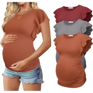 Ekouaer Women’s Maternity Shirts 3 Packs Flying Short Sleeve Pregnancy Tops Side Ruched Tunic Blouse Mama Clothes S-XXL(Caramel / Grey / Wine Red(3pcs))