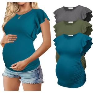 Ekouaer Women’s Maternity Shirts 3 Packs Flying Short Sleeve Pregnancy Tops Side Ruched Tunic Blouse Mama Clothes S-XXL(Dark Grey / Army Green / Blue Green(3pcs))