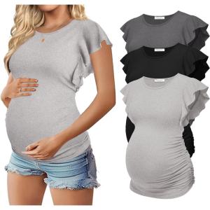 Ekouaer Women’s Maternity Shirts 3 Packs Flying Short Sleeve Pregnancy Tops Side Ruched Tunic Blouse Mama Clothes S-XXL(Dark Grey / Black / Light Grey(3pcs))