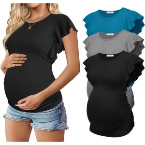 Ekouaer Women’s Maternity Shirts 3 Packs Flying Short Sleeve Pregnancy Tops Side Ruched Tunic Blouse Mama Clothes S-XXL(Lake Blue / Grey / Black(3pcs))