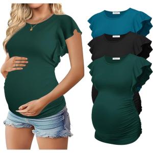 Ekouaer Women’s Maternity Shirts 3 Packs Flying Short Sleeve Pregnancy Tops Side Ruched Tunic Blouse Mama Clothes S-XXL(Lake Green / Black / Lake Blue(3pcs))