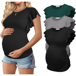 Ekouaer Women’s Maternity Shirts 3 Packs Flying Short Sleeve Pregnancy Tops Side Ruched Tunic Blouse Mama Clothes S-XXL(Lake Green / Grey / Black(3pcs))