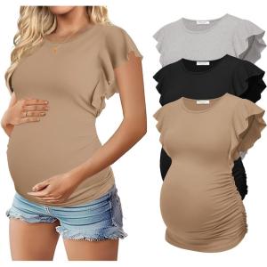 Ekouaer Women’s Maternity Shirts 3 Packs Flying Short Sleeve Pregnancy Tops Side Ruched Tunic Blouse Mama Clothes S-XXL(Light Grey / Black / Khaki(3pcs))