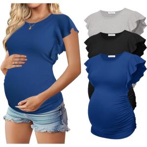 Ekouaer Women’s Maternity Shirts 3 Packs Flying Short Sleeve Pregnancy Tops Side Ruched Tunic Blouse Mama Clothes S-XXL(Light Grey / Black / Navy(3pcs))