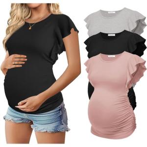 Ekouaer Women’s Maternity Shirts 3 Packs Flying Short Sleeve Pregnancy Tops Side Ruched Tunic Blouse Mama Clothes S-XXL(Light Grey / Black / Pink(3pcs))