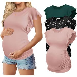 Ekouaer Women’s Maternity Shirts 3 Packs Flying Short Sleeve Pregnancy Tops Side Ruched Tunic Blouse Mama Clothes S-XXL(Pink / Floral Black / Lake Green(3pcs))