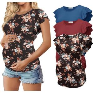 Ekouaer Women’s Maternity Shirts 3 Packs Flying Short Sleeve Pregnancy Tops Side Ruched Tunic Blouse Mama Clothes S-XXL(Wine Red / Floral Black / Dark Blue(3pcs))