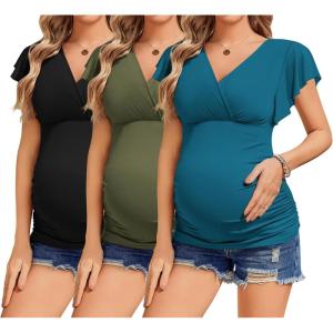 Ekouaer Women’s Maternity Shirts 3 Packs Nursing Tops Flying Short Sleeve Breastfeeding Tees Side Ruched Pregnancy Clothes(Black / Army Green / Blue Green(3pcs))