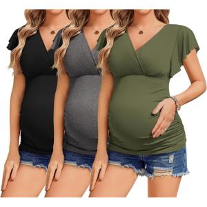 Ekouaer Women’s Maternity Shirts 3 Packs Nursing Tops Flying Short Sleeve Breastfeeding Tees Side Ruched Pregnancy Clothes(Black / Dark Grey / Army Green(3pcs))
