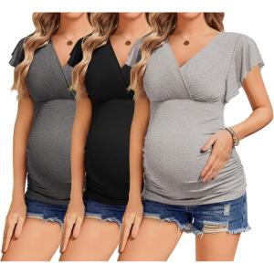 Ekouaer Women’s Maternity Shirts 3 Packs Nursing Tops Flying Short Sleeve Breastfeeding Tees Side Ruched Pregnancy Clothes(Black / Dark Grey / Light Grey(3pcs))