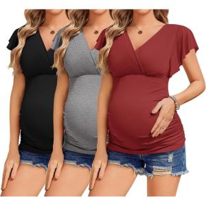 Ekouaer Women’s Maternity Shirts 3 Packs Nursing Tops Flying Short Sleeve Breastfeeding Tees Side Ruched Pregnancy Clothes(Black / Grey / Wine Red(3pcs))