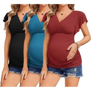 Ekouaer Women’s Maternity Shirts 3 Packs Nursing Tops Flying Short Sleeve Breastfeeding Tees Side Ruched Pregnancy Clothes(Black / Lake Blue / Wine Red(3pcs))
