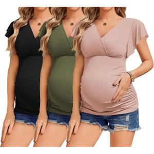 Ekouaer Women’s Maternity Shirts 3 Packs Nursing Tops Flying Short Sleeve Breastfeeding Tees Side Ruched Pregnancy Clothes(Black / Pink / Army Green(3pcs))