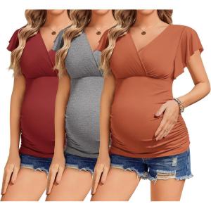 Ekouaer Women’s Maternity Shirts 3 Packs Nursing Tops Flying Short Sleeve Breastfeeding Tees Side Ruched Pregnancy Clothes(Caramel / Grey / Wine Red(3pcs))