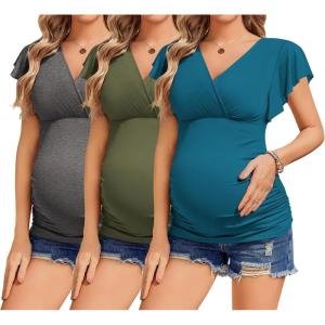 Ekouaer Women’s Maternity Shirts 3 Packs Nursing Tops Flying Short Sleeve Breastfeeding Tees Side Ruched Pregnancy Clothes(Dark Grey / Army Green / Blue Green(3pcs))