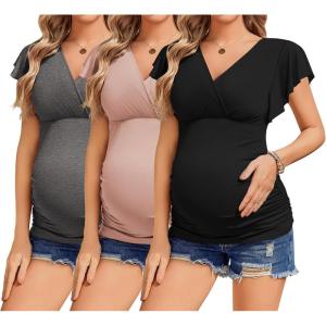 Ekouaer Women’s Maternity Shirts 3 Packs Nursing Tops Flying Short Sleeve Breastfeeding Tees Side Ruched Pregnancy Clothes(Dark Grey / Pink / Black (3pcs))